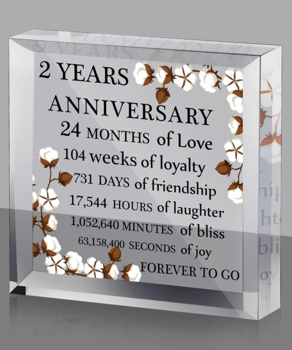 2 Years Anniversary Acrylic Gift for Him or Her Cotton Flower Drawing Print Acrylic Decor 2nd Anniversary Wedding Paperweight Second Year Marriage for Wife Husband Lover(Flower Style)