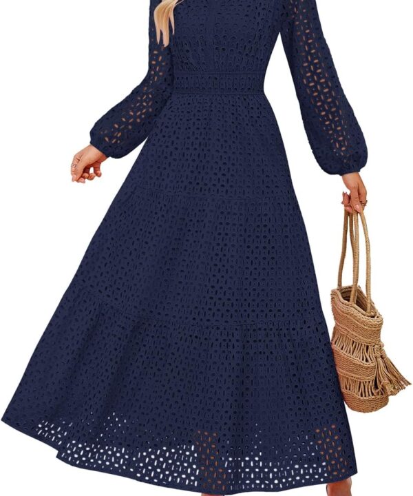 ZESICA Women's 2026 Spring Long Sleeve Maxi Dress V Neck Hollow Out Eyelet A Line Long Flowy Casual Party Dresses