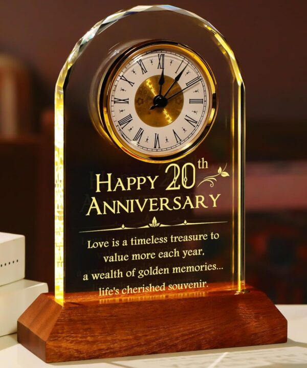 YWHL Happy 20th Wedding Anniversary Clock Gifts for Her Him, 20 Years Anniversary Glass Gift for Couples, Table Clock Presents with Wooden Light Base for Home Decoration (Battery not Included)