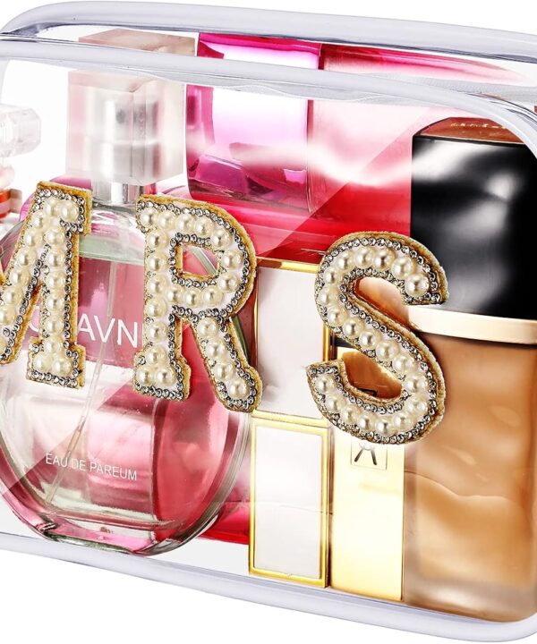 LEIFIDE Bride Bag Clear Makeup Bag Bride Gift Cosmetic Packet Mrs Pearl Bachelorette Toiletry Packet Wifey Pouch Rhinestone Letter PVC Travel Case Wifey Purse Portable(MRS Style)