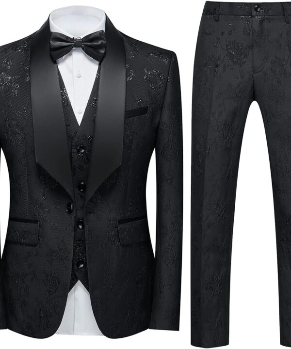 Tuxedo Suits for Men 3 Piece Regular Fit Suit Floral Pattern Blazer Jacket Waistcoat Pants Men Suit Set for Wedding