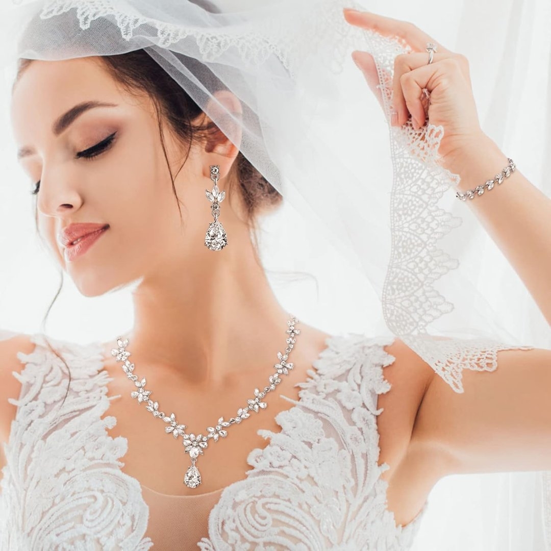 Henoyso 5 Pcs Bride Jewelry Set Rhinestone Necklace Earrings Bracelet Headpieces Sets for Wedding Bridal Party Prom Costume