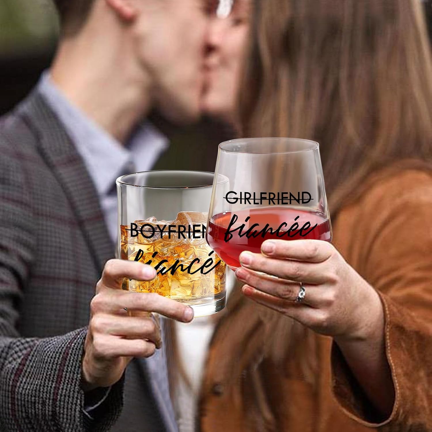 Engagement Gifts for Couples, 10 oz Whiskey and 12 oz Wine Glass Set, Newly Engaged Fiancee & Fiance Gifts for Women, Fade-Resistant, Beautiful Packaging, Proposal Decorations & She Said Yes Present