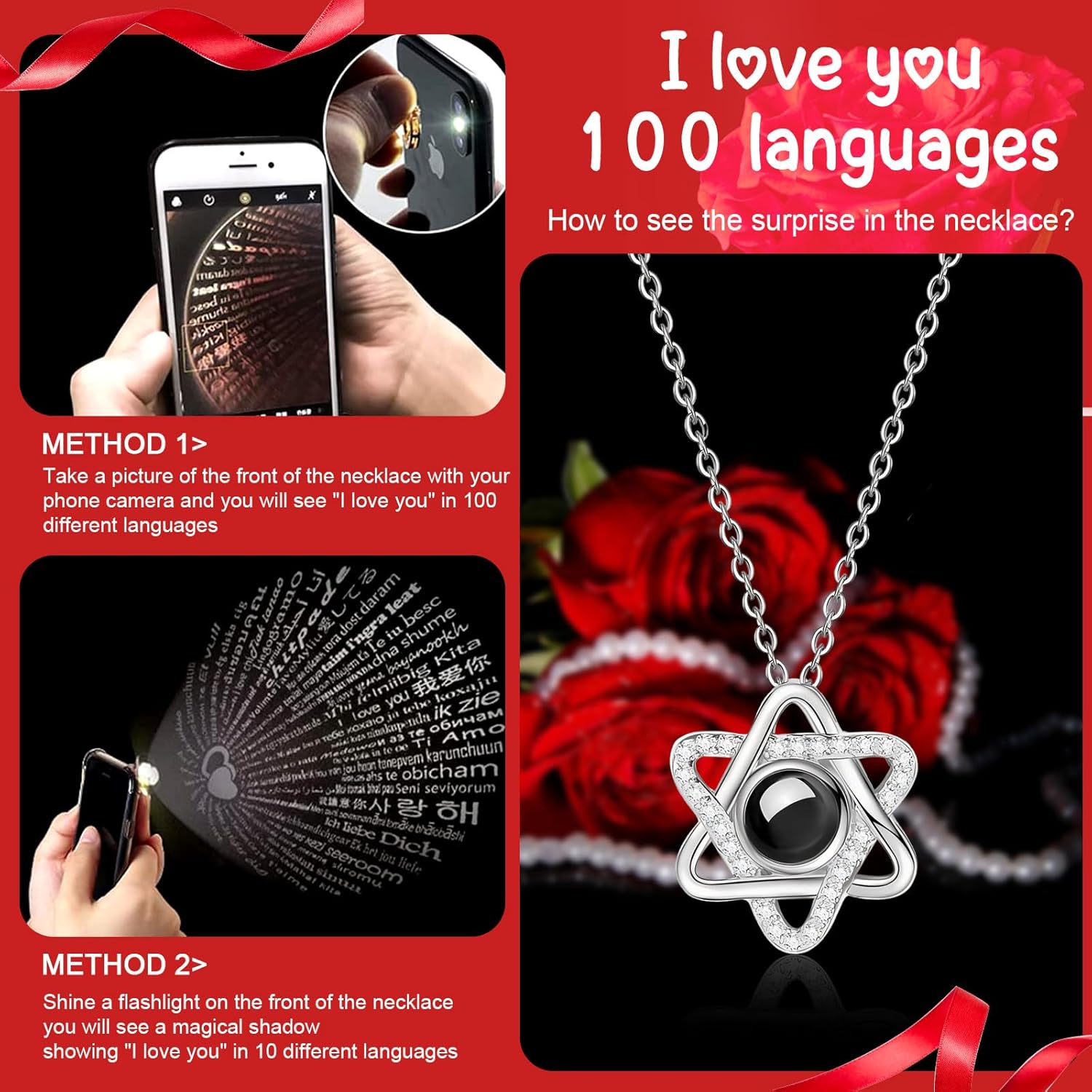 QETRABONE Preserved Red Real Rose Necklace I Love You in 100 Languages – Eternal Flowers Rose, Birthday Gifts for Women Her Mom Wife Girlfriend Grandma on Mothers Valentines Christmas Anniversary