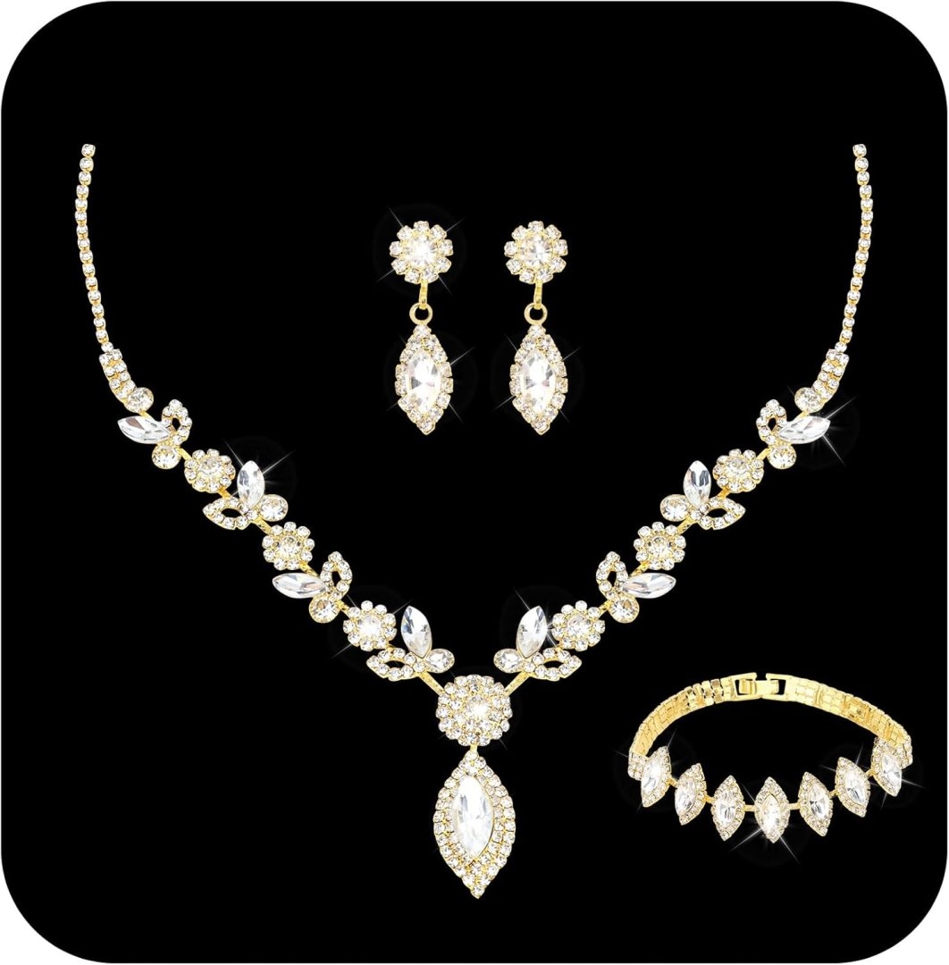 yuxiaoyu Bridal Jewelry Set for Wedding Prom Jewelry Set for Women Sparkly Rhinestone Necklace Earrings Bracelet Sets for Bride Bridesmaid Quinceanera Costume Accessories