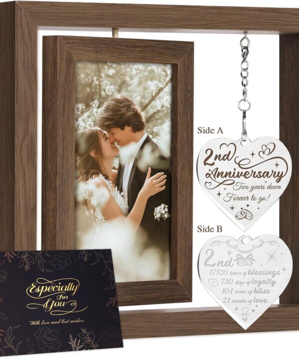 2 Year Anniversary Picture Frame Gifts for Him Her Couple Men Women Husband Wife Boyfriend Girlfriend,Best 2nd Anniversary Wood Cotton Gifts, Two Year Second Anniversary Wedding Gift