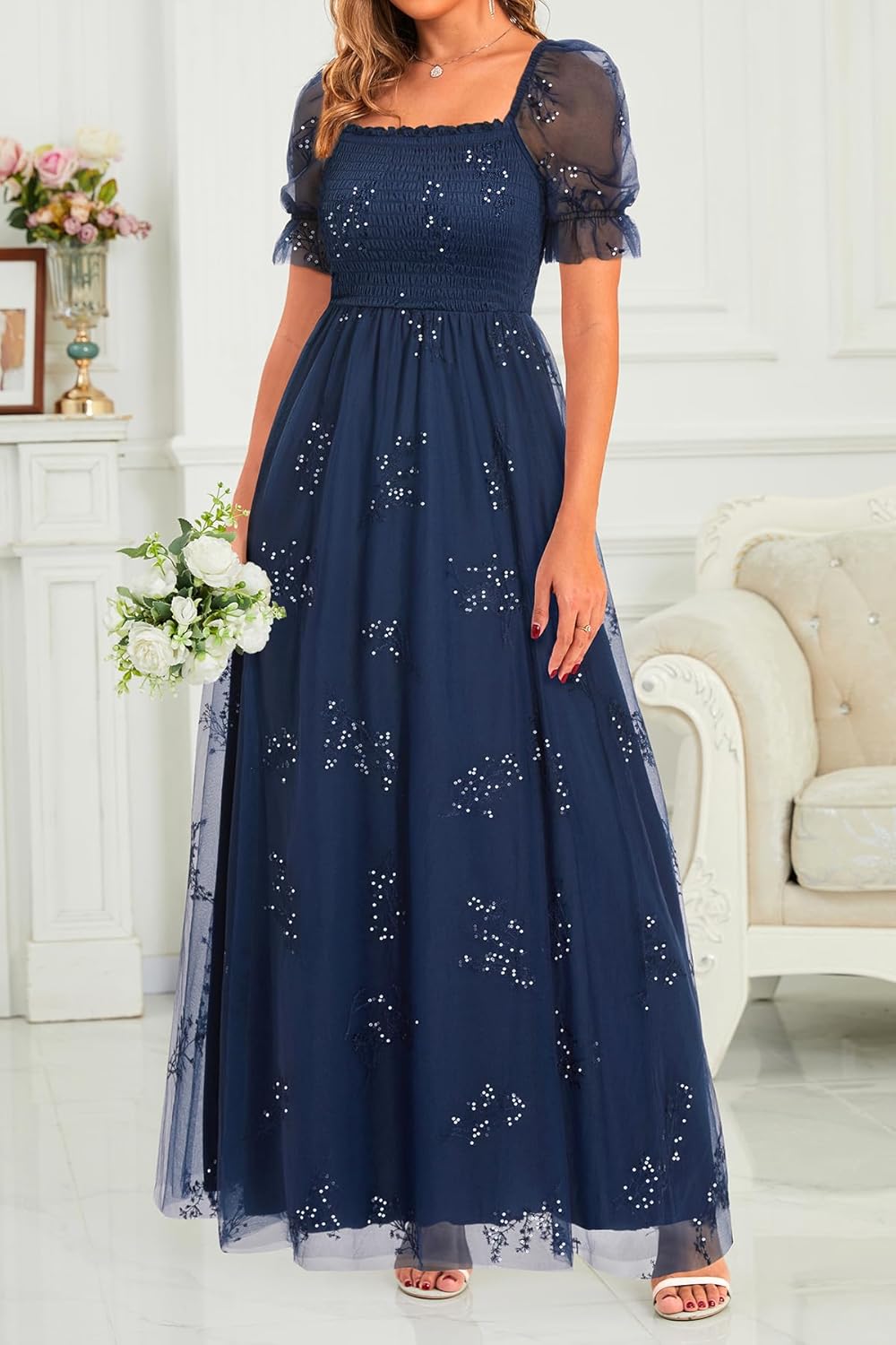 Plus Size Formal Dresses – Bridesmaid Leaf Embroidery with Sequin Tulle Prom Long Dress