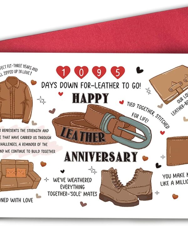 Bablira Funny 3rd Anniversary Card, Leather Anniversary Card Gift for Husband Wife, Pun-Filled Romantic 3rd Anniversary for Girlfriend Boyfriend, Three Years and We're Still Zipped Up In Love!