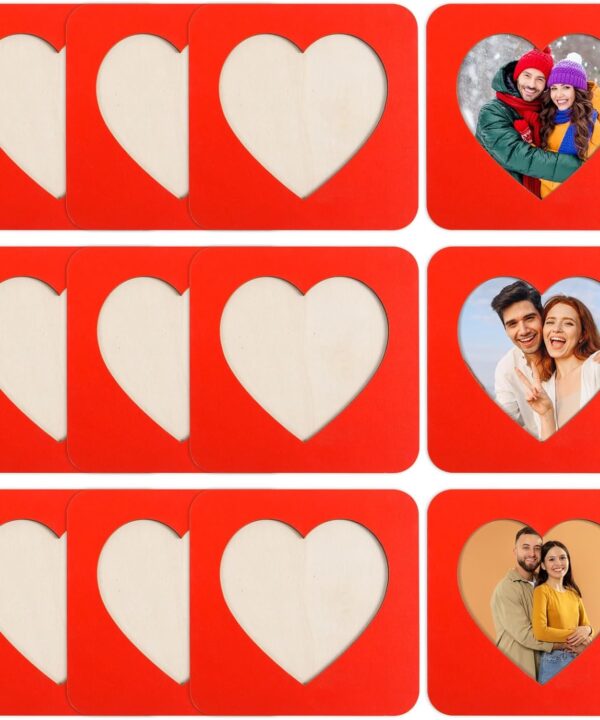 MoDooris 12 Pack Valentine Heart Wooden Picture Frames, Natural Wood Photo Frames 6 x 6 in with 4.3 x 4.3 in Inner Heart, Rustic Valentines Day Home Dcor for Wall, Table, Wedding (Red)
