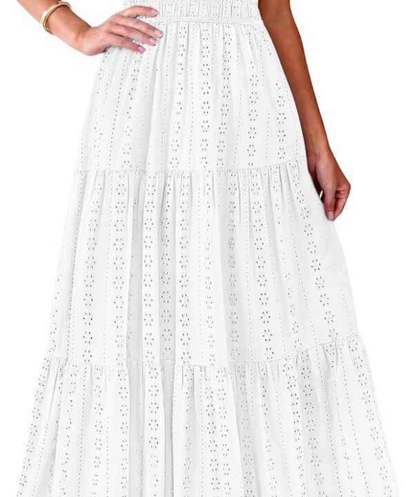 PRETTYGARDEN Womens Summer Maxi Dresses 2026 Casual Puff Sleeve V Neck Smocked Flowy Eyelet Cotton Dress Spring Sundress