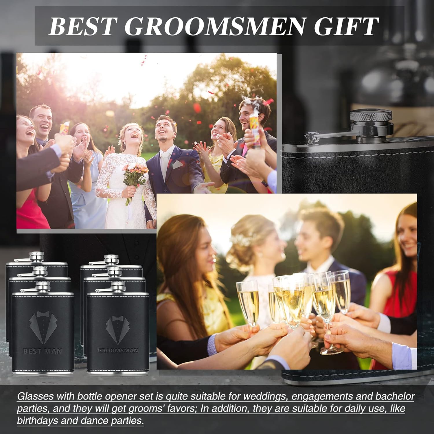 Rtteri Groomsman Gifts Set of 6 Flask for Men 8 oz Groomsman Proposal Gifts Stainless Steel Tuxedo Hip Flask Bachelor Party Favors for Wedding Proposal