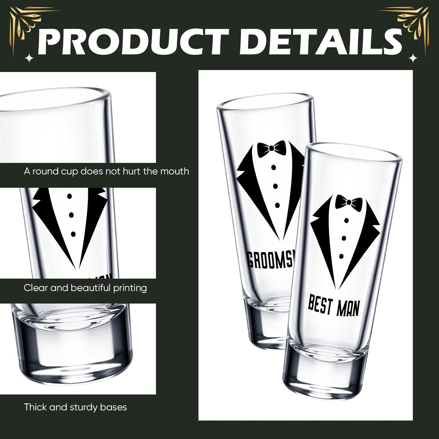 Rtteri 6 Pcs Wedding Shot Glasses Set 1 Best Man 5 Groomsmen Shot Glasses Wedding Party Favors Glasses Bachelor Party Favors Groomsman Gifts Bachelor Party Decorations for Proposal Men,2 oz