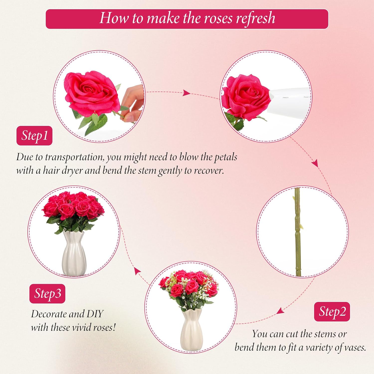 Hotop 20 Pcs Artificial Rose Flowers with Long Stem,Real Touch Silk Realistic Plastic Bouquet Roses Bulk for Home Decor Bridal Wedding Party Table Centerpieces Decorations(Hot Pink)