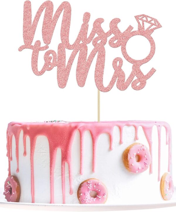 1Pc Miss to Mrs Cake Topper Rose Gold Glitter Wedding Bridal Shower with Ring Cake Decorations for Bridal Shower Wedding Engagement Bachelorette Party Supplies