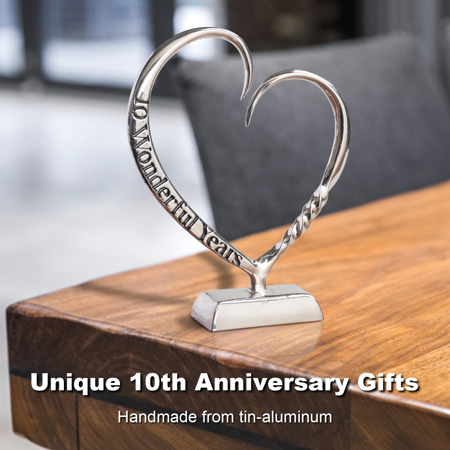 10 Year Anniversary Tin Gifts for Her Him Gift 10th Wedding Anniversary for Couples Wife Husband Men, Hand Forged Tin Aluminum Heart Art Keepsake Home Decor Artwork