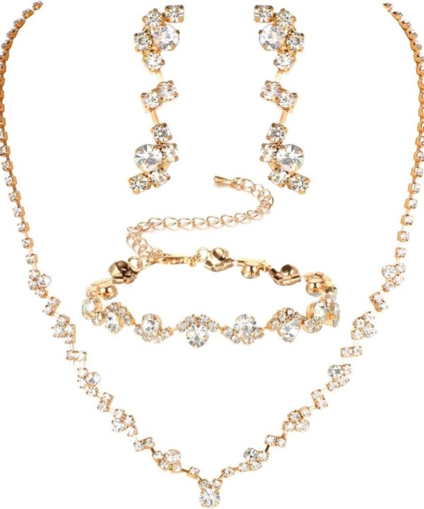 Jewelry for Prom,Silver Necklace for Women Prom, Rhinestone Crystal Necklace Bracelet Earrings Set, Silver Accessories for Women Jewelry for Wedding Party