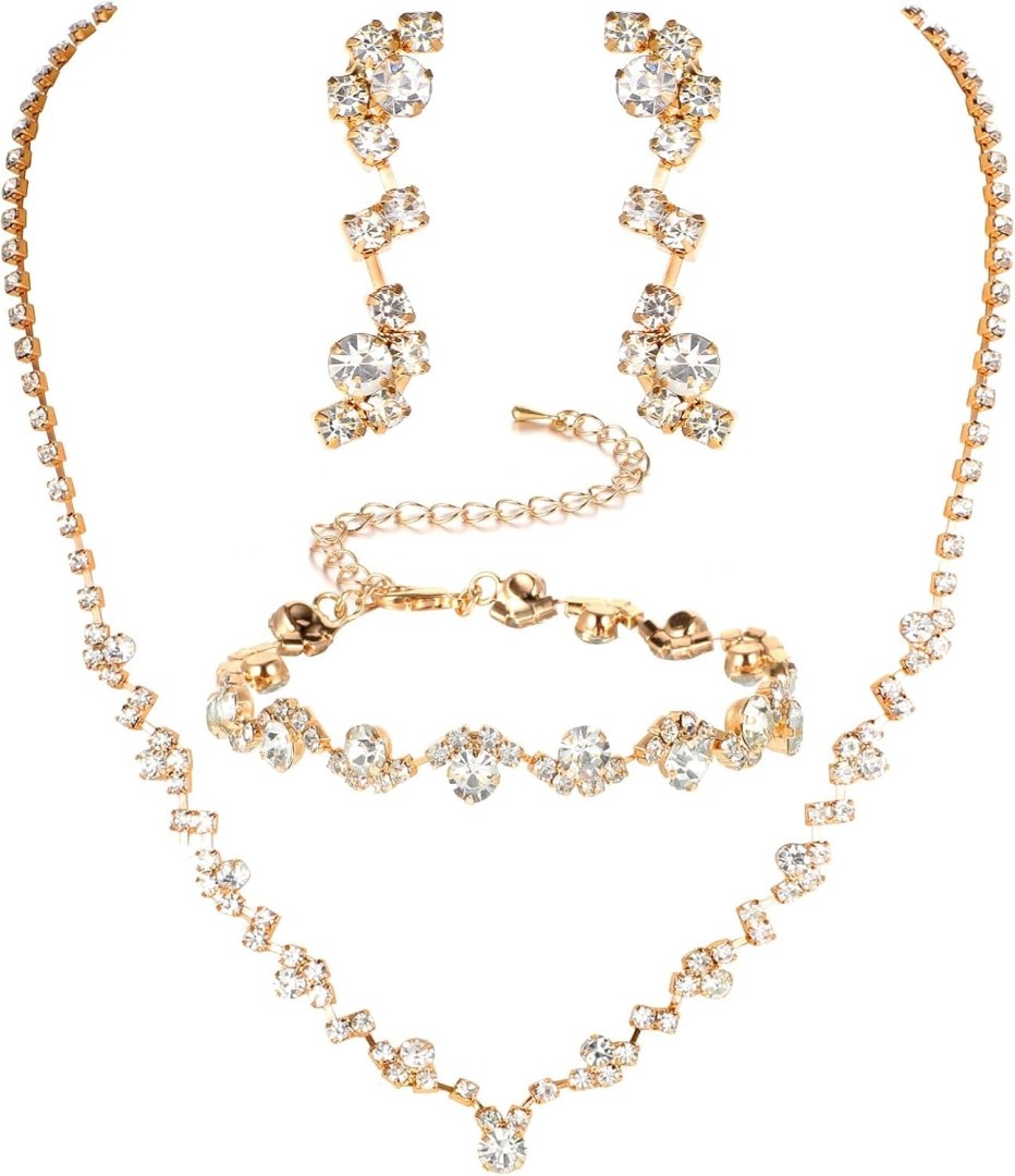 Jewelry for Prom,Silver Necklace for Women Prom, Rhinestone Crystal Necklace Bracelet Earrings Set, Silver Accessories for Women Jewelry for Wedding Party