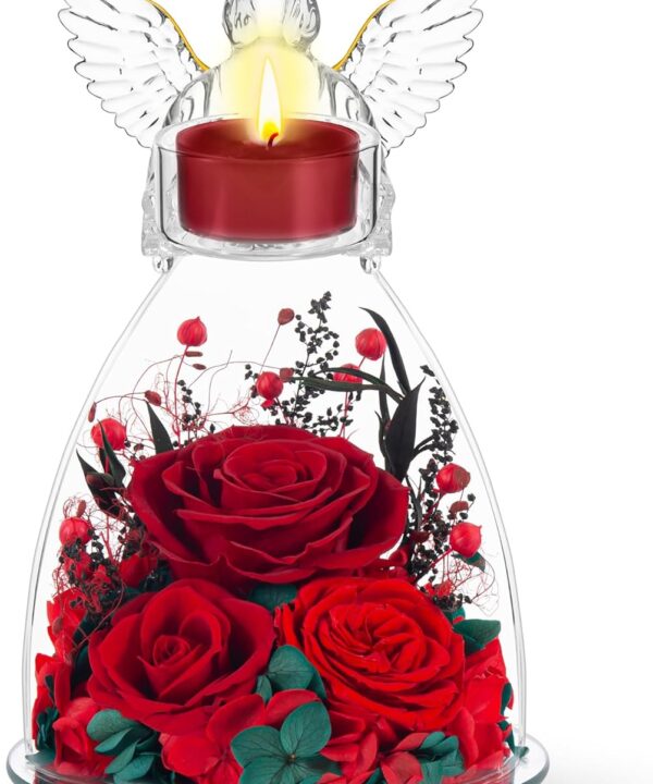 Christmas Roses Gifts for Mom,Preserved Real Flowers Roses in Glass Angel Figurines With Tealight Candle Holder,Christmas Gifts for Grandma Women Mom Wife Mother in Law/Red