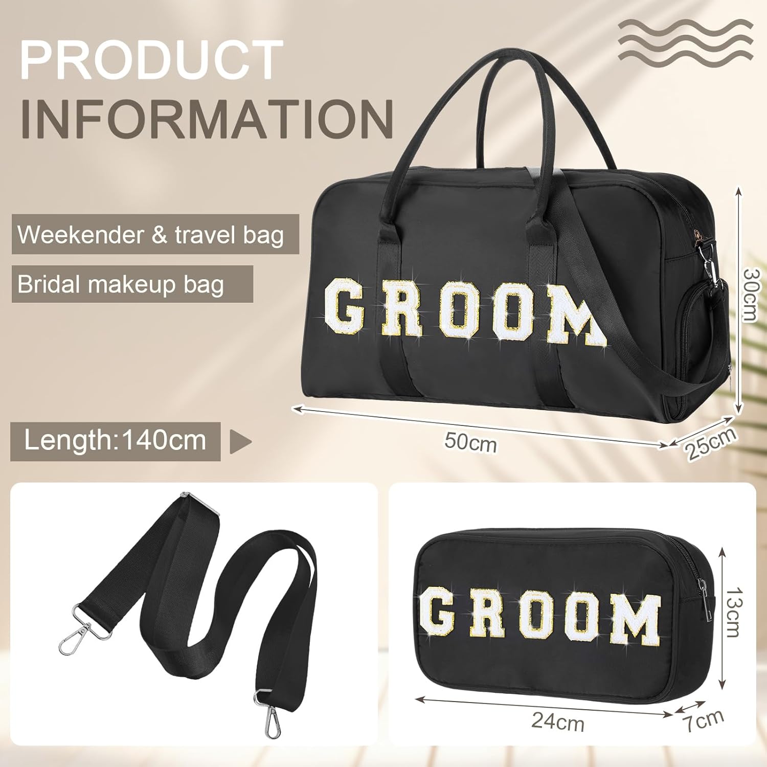 2 Pcs Wedding Weekender Bag Bride Groom Duffle Bag Chenille Letter Patch Travel for Bridal Shower Honeymoon Gift(Groom,Black)