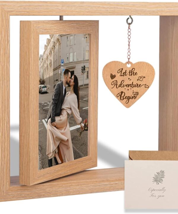 Rotating Floating Let the Adventure Begins Picture Frame, Engagement Gifts for Couples, Rustic 4x6 Floating Picture Frames Cool Wedding Bride to Be Bridal Shower Gifts for Couples Unique 2023 (Romantic Engagement Picture Frames)