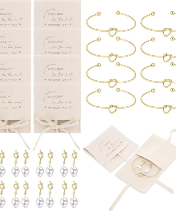 Quelay 24 Pcs Bridesmaid Pearl Jewelry Set of 8 Bridesmaid Bracelet Earrings Jewelry Gift Pouch with Bow Tie I Couldn't Tie The Knot Without You Wedding Bride Shower Supplies