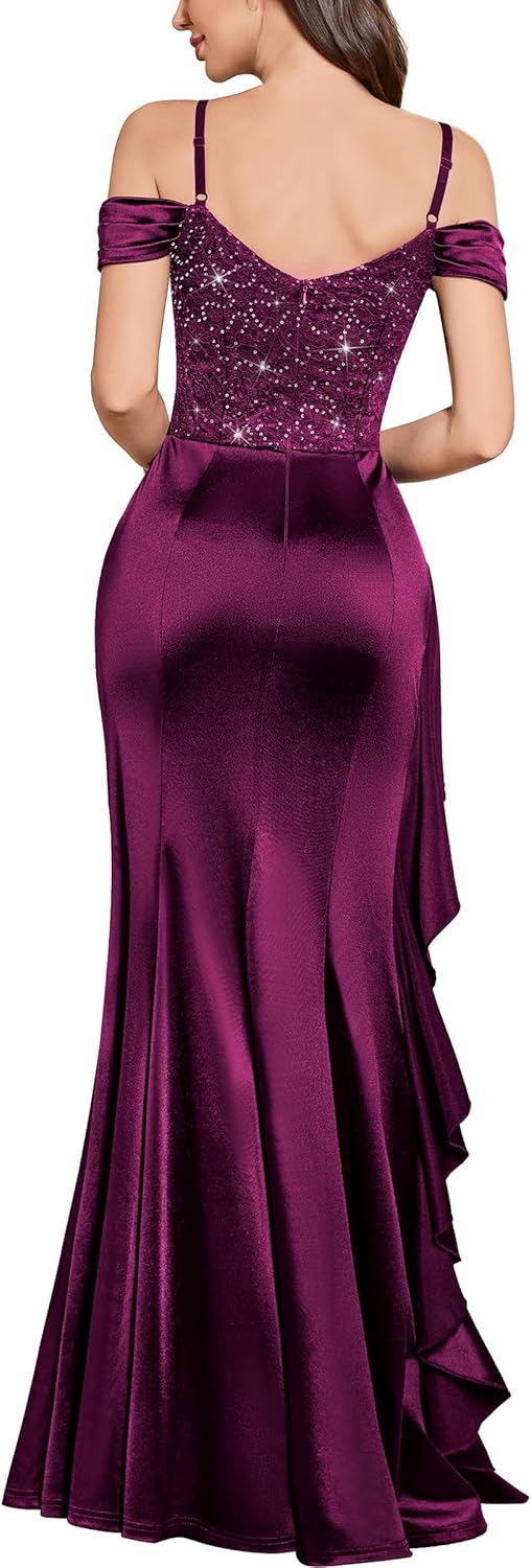 Miusol Womens Sexy Off Shoulder Sequin Lace Wedding Bridesmaid Party Long Dress