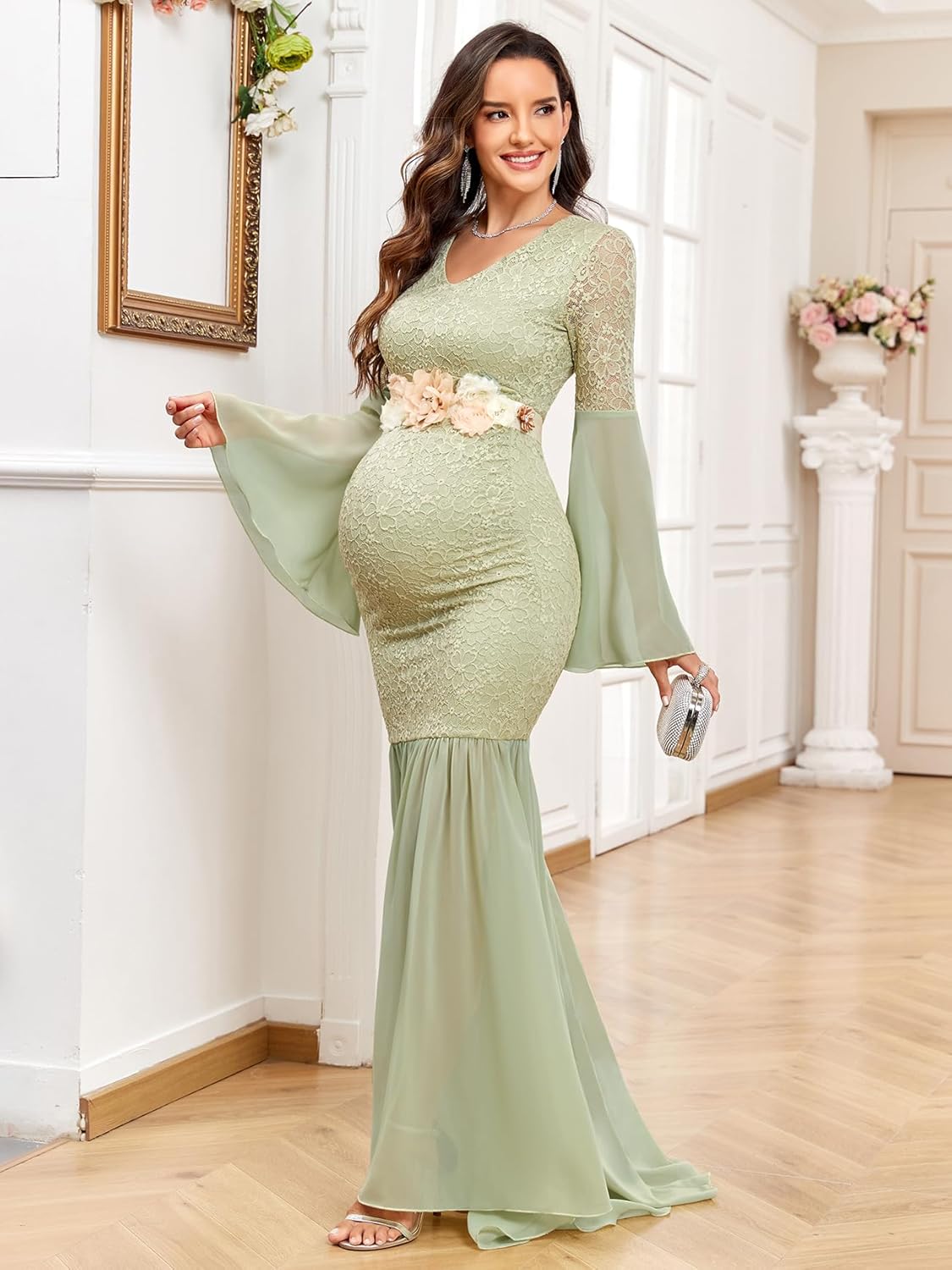 Maternity Dress Baby Shower Long Bell Sleeve Floral Lace Contrast Chiffon V-Neck Mermaid Pregnancy Photoshoot Gown