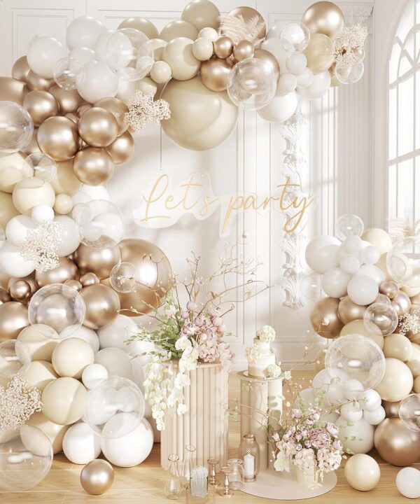 White Sand Metallic Champagne Gold Balloons Garland Arch Kit,152PCS White Neutral Balloons with Clear Balloons for Birthday Wedding Baby Shower Bridal Shower Engagement Anniversary Decoration