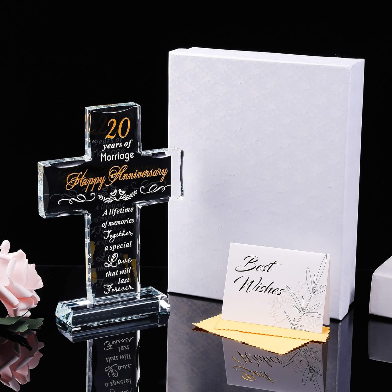 YWHL 20th Anniversary Religious Gifts for Couple, Laser Engraved Glass Standing Cross Keepsake for Him, 20 Years Wedding Anniversary Cross Gifts for Her