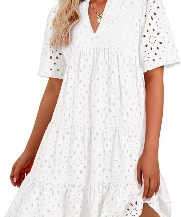 BTFBM Womens Boho Summer Dresses 2026 Spring V Neck Short Sleeve Hollow Out Lace Ruffle Casual Beach Mini Vacation Dress