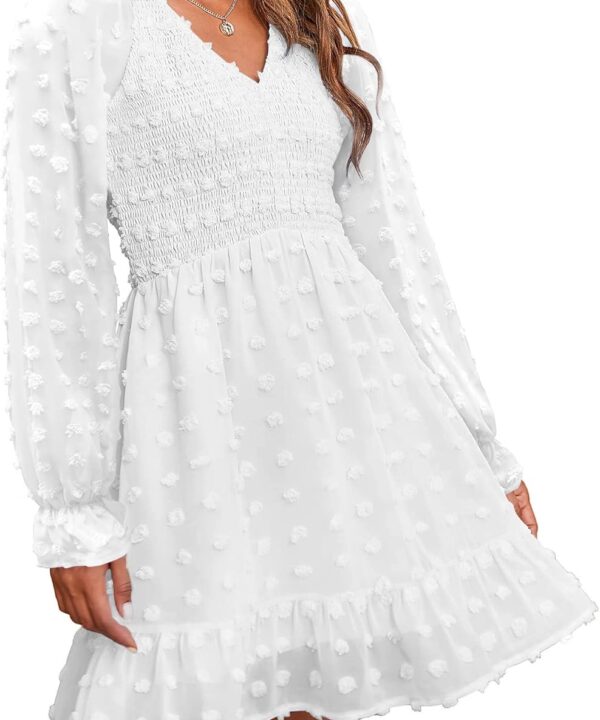 BTFBM Spring Dresses for Women 2026 Long Sleeve Casual V Neck Swiss Dot Smocked Ruffle Chiffon Flowy Mini Summer Dress