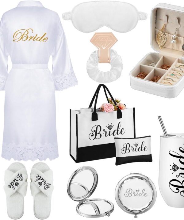JaGely 9 Pcs Bride Gifts Set Bride Shower Bachelorette Gifts with Wine Tumbler Robe Bag Eyemask Scrunchie Jewelry Box