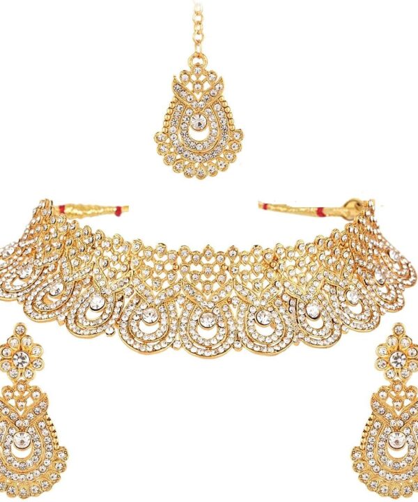 Efulgenz Crystal Indian Jewelry Set Rhinestone Crystal Choker Necklace Earrings Maang Tikka Set Wedding Bollywood Bridal Jewelry Set for Women