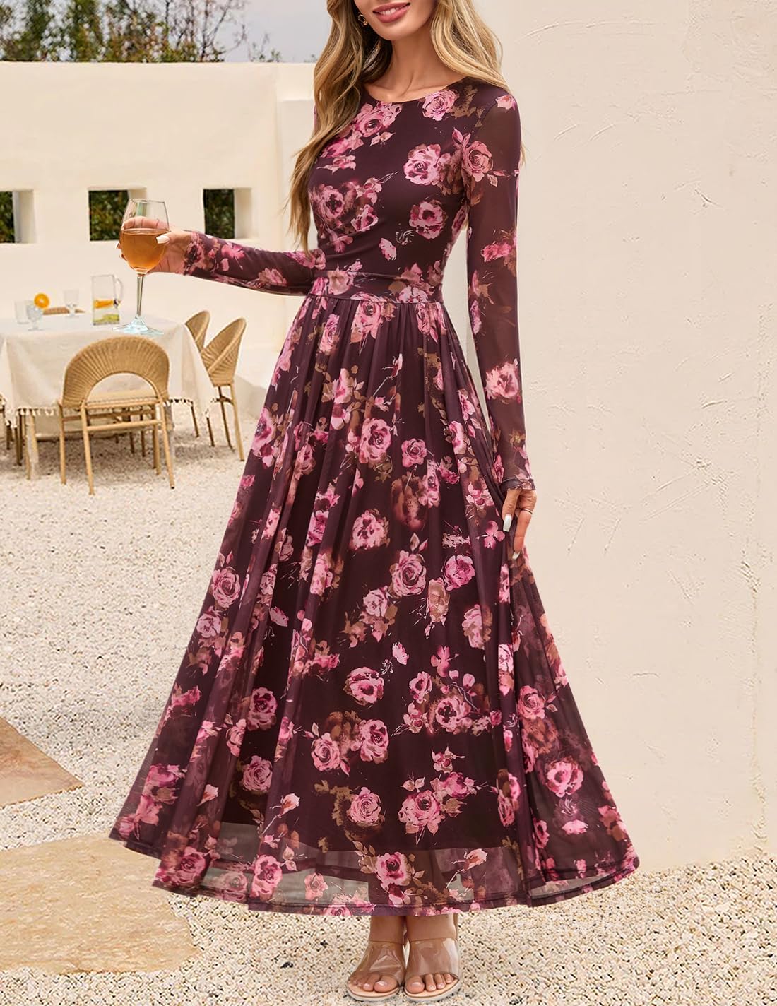 ZESICA Womens Maxi Dress 2026 Spring Long Sleeve Crewneck Floral Print Mesh Ruched Party Wedding Guest Dresses