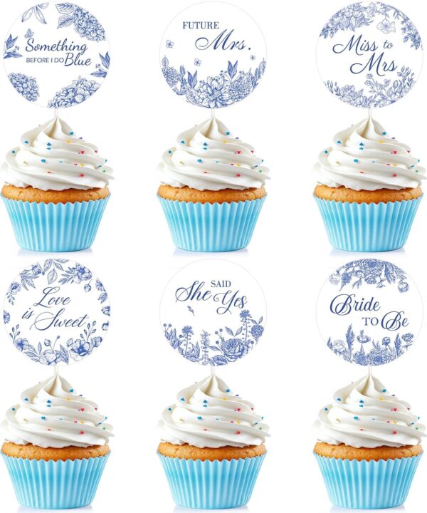 24 Pieces Something Blue Before I Do Bridal Shower Decorations, Blue Floral Cupcake Toppers Love Is Sweet Cake Decoration for Bachelorette Wedding Engagement Party Supplies