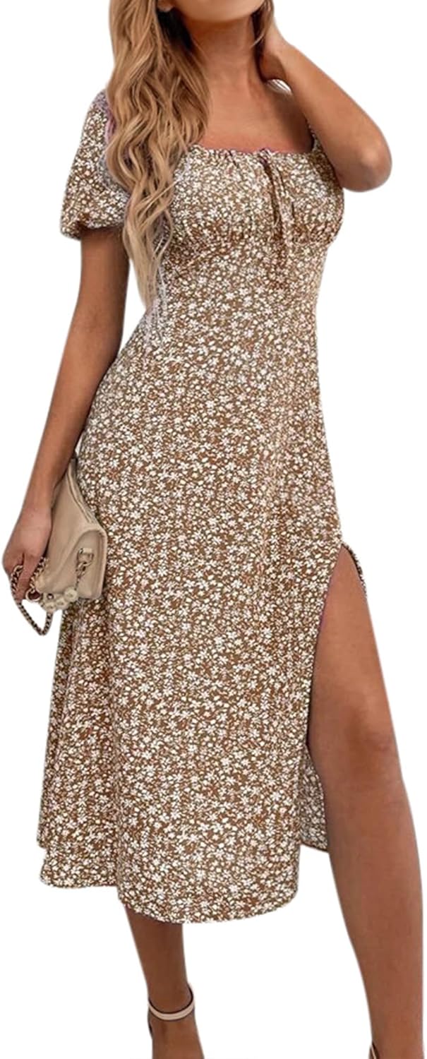 SPRIME Womens Floral Summer Casual Dress Square Neck Puff Sleeve Boho Midi Dresses Ruched Bust High Waist Split Long Dress
