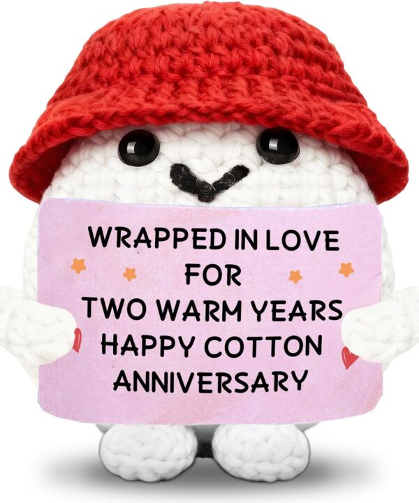 Cute 2nd Anniversary Crochet for Wife Husband, Funny Cotton Anniversary Handmade Positive Crochet Doll, Cotton 2nd Anniversario Cards Romantic Gifts, Sweet 2 Year Anniversarys Cards for Husband Wife