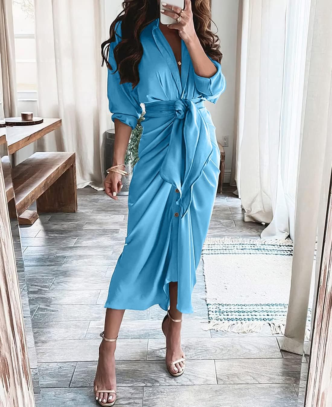 BTFBM Summer Dresses for Women 2026 Long Sleeve Lapel V Neck Button Down Elegant Belted Ruched Satin Shirt Spring Dress