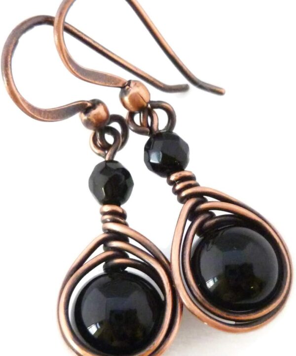 Pillar of Salt Studio Handcrafted Solid Copper Earrings with Black Onyx Gemstone (Antiqued Copper, 1" drop)