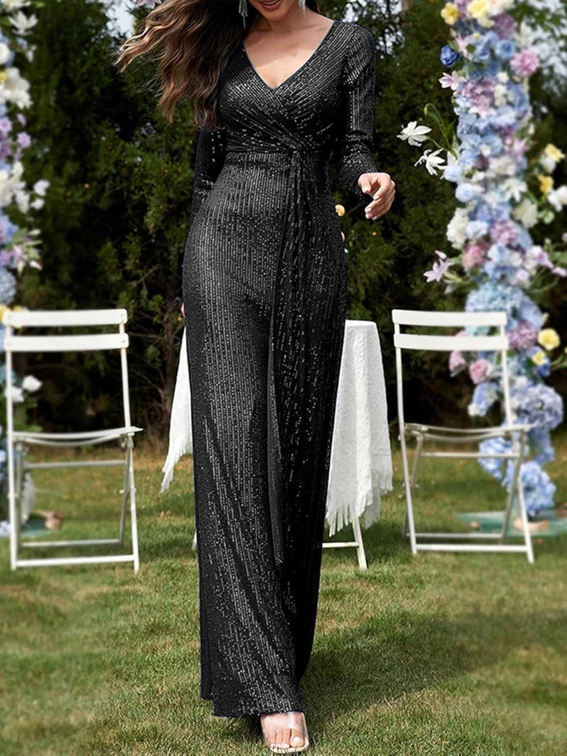 meilun Long Sleeve Sequin Dress for Women Formal Gowns Sparkly V Neck Maxi Dress