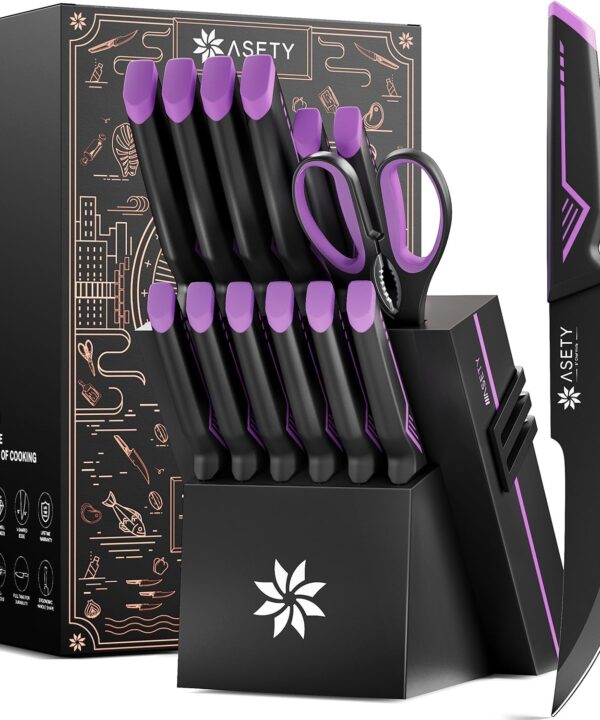 Knife Set - 15 PCS Kitchen Knife Set with Built-in Knife Sharpener Block - Stainless Steel Knife Block Set - Dishwasher Safe, Elegant Box for Men Women