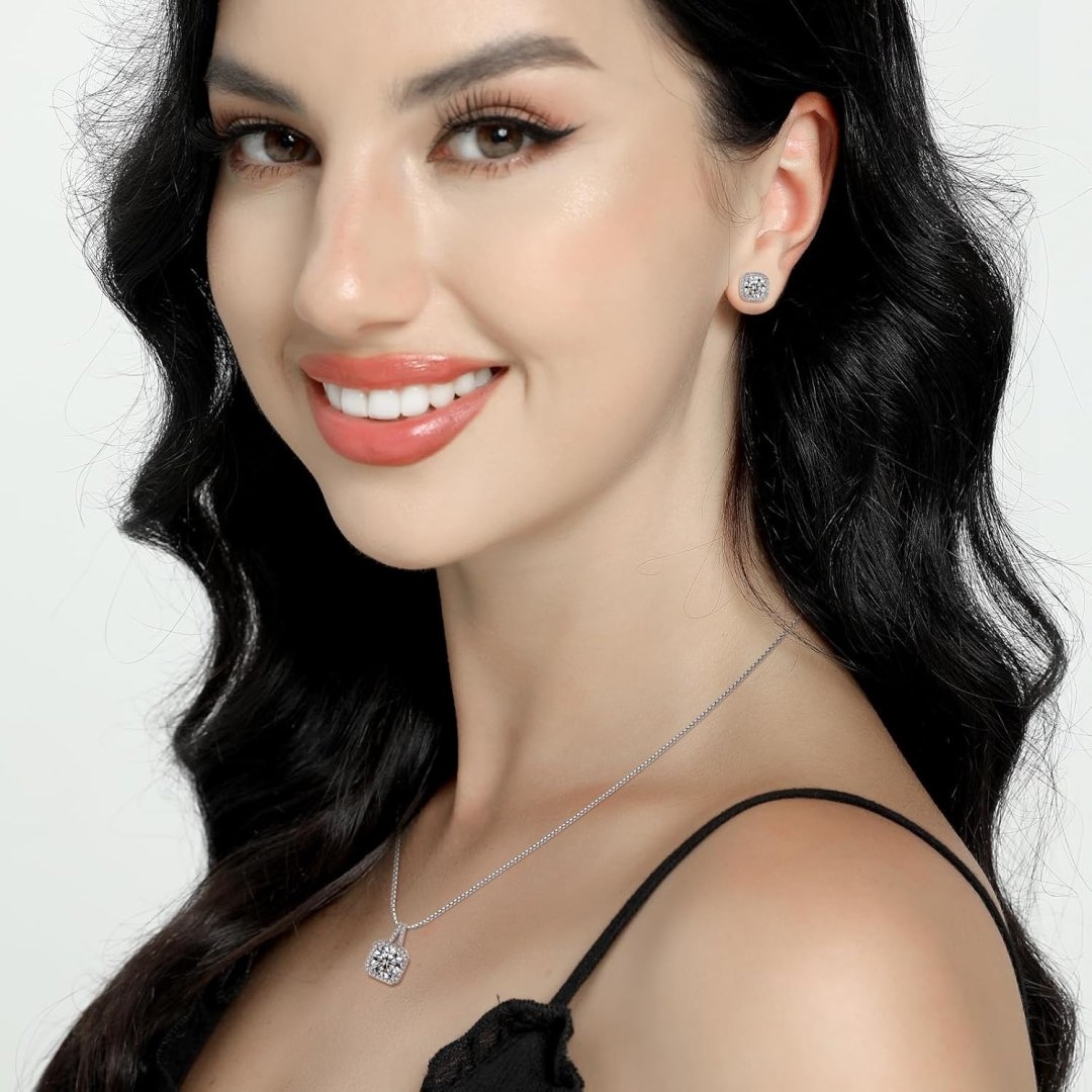 Cubic Zirconia Necklace and Earrings Set for Women 14K White Gold Plated Bridesmaid Silver Jewelry Set for Women Pendant Necklace Hypoallergenic Stud Earrings Set Jewellery Gift for Mom Wife Bride Bridesmaid