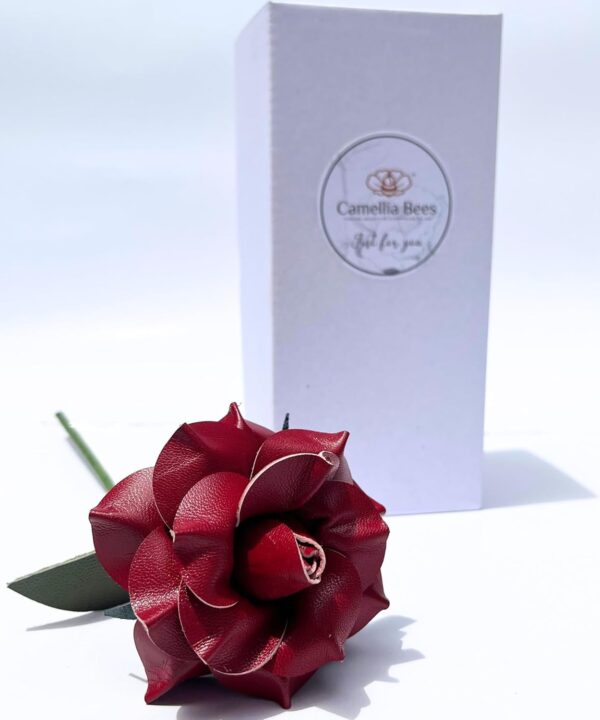 Camellia Bees Leather Rose Gift for her/him on Valentines Day, Mothers Day, Third Years 3rd Wedding Anniversary (Burgundy)