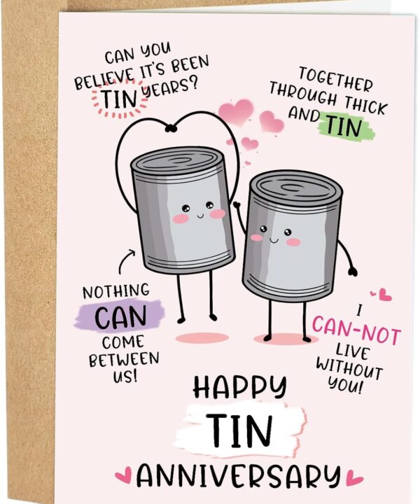 Funny 10 Years Anniversary Card, Cute Tin Pun 10th Anniversary Card for Husband Wife, Hilarious Ten Years Anniversary Card for Him Her, Happy Tin Wedding Anniversary Card