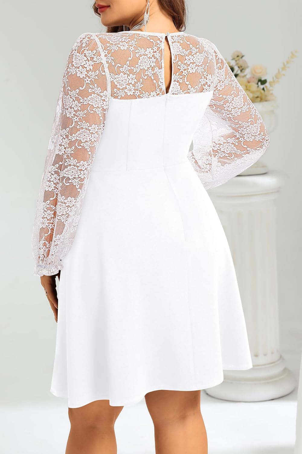 Plus Size Cocktail Dress – Lace Wedding Guest Party Crew Neck Short A Line Dresses Women