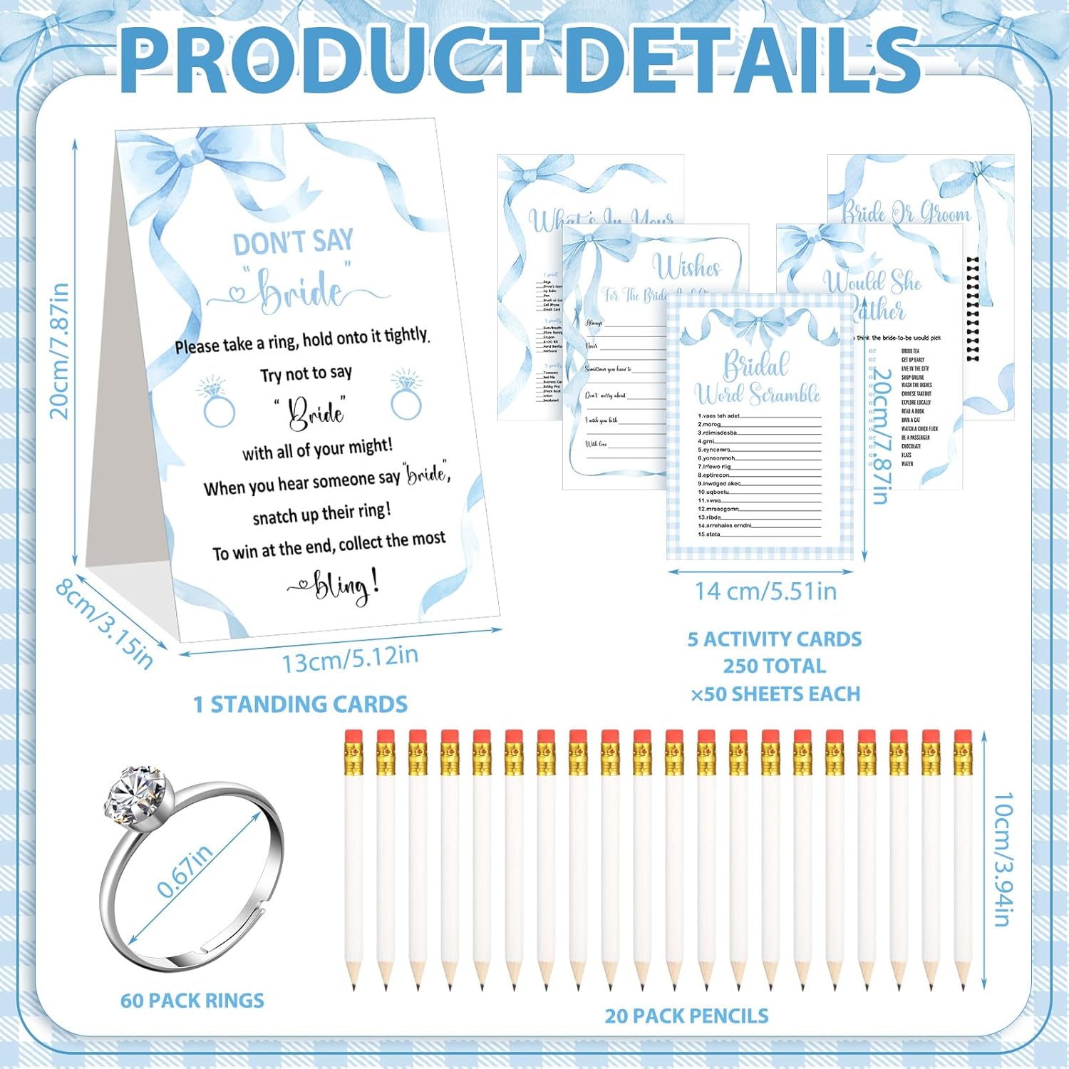 Estune 331 Pcs Bridal Shower Games Supplies, 5 Sets 250 Pcs Wedding Cards 1 Bridal Shower Games with 60 Rings and 20 Pencils (Blue Bow)