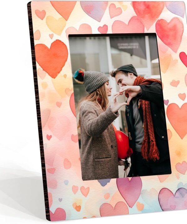 Valentine's Day Wood Picture Frame, Watercolor Heart Theme Photo Frame, Gift For Friends, Boyfriend, Girlfriend, Husband Or Wife On Your Valentine's Day Together As A Couple (4X6-Vertical)- A02