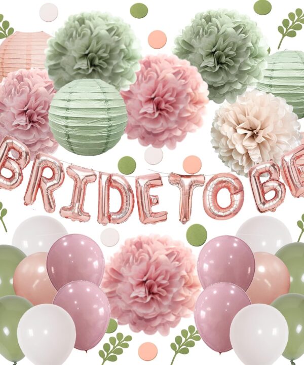 Bachelorette Decorations Pink Green- Bridal Shower Party Decor and Supplies Kit for Wedding With Foil Balloons Table Confetti Scatters Hanging Paper Lantern Tissue Flowers (Sage Green + Rose Pink)