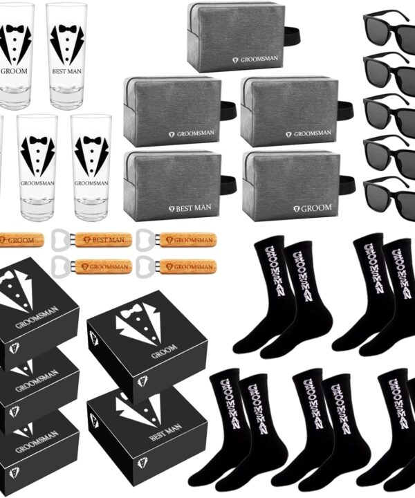 Groomsmens Gifts Set of 5,Groom Best Man Groomsmen Proposal Gifts,2oz Shot Glass,Black Sunglasses,Oxford Bags,Bottle Openers,Black Proposal Boxes,Socks,Wedding Bachelor Party for Groom