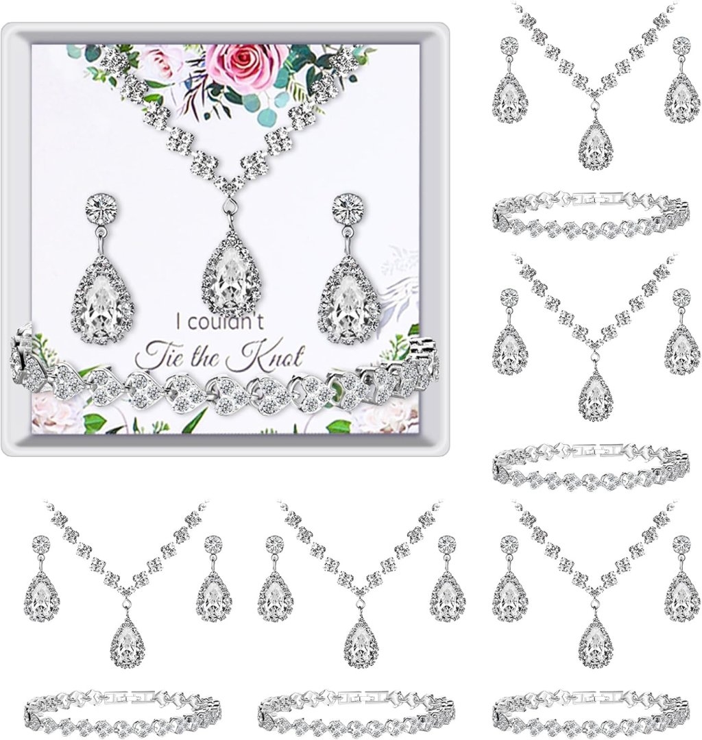 Remuuly 6 Pcs Bridesmaid Jewelry Sets for Wedding Rhinestone/Pearl Earrings Necklace Bracelet with Card for Wedding Proposal